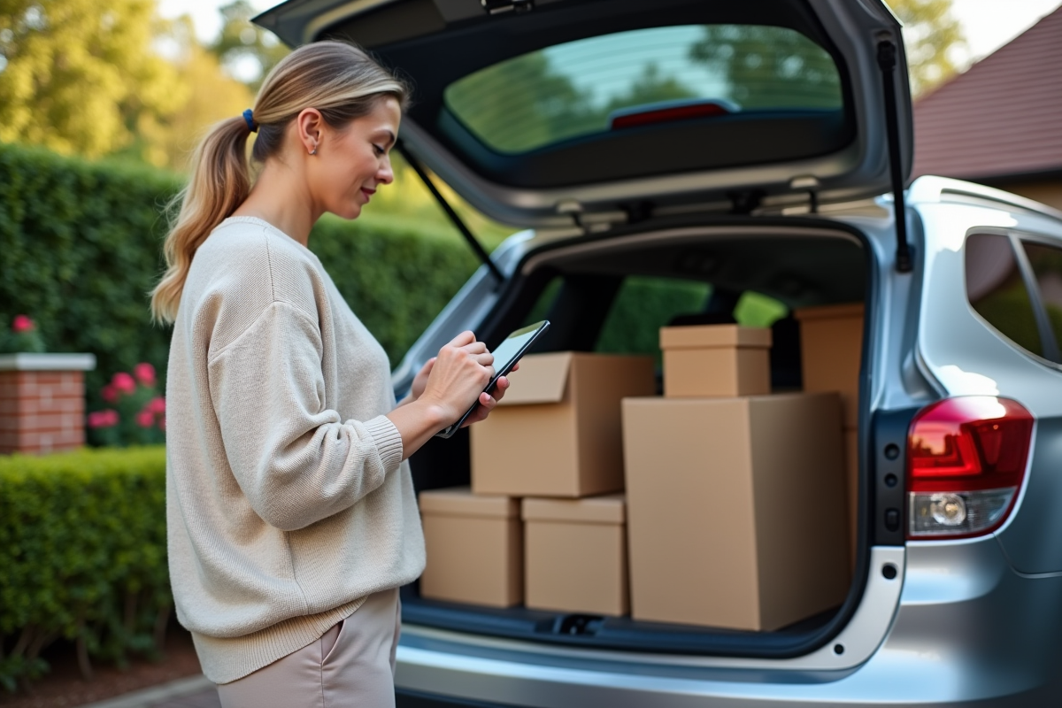 Femme vérifiant une liste sur une tablette à côté de la voiture chargée