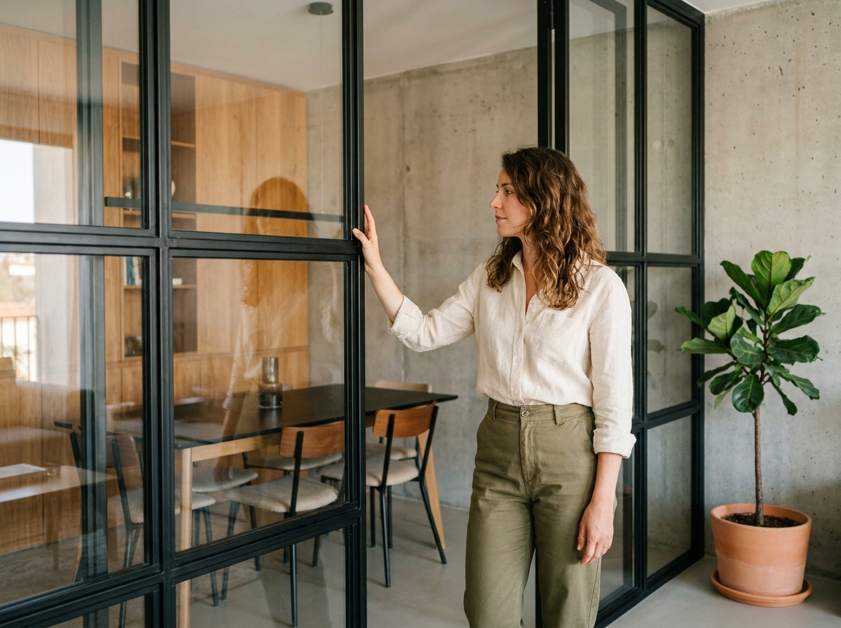 Femme contemplant une verrière industrielle installée dans un séjour ouvert moderne avec cloison en acier noir