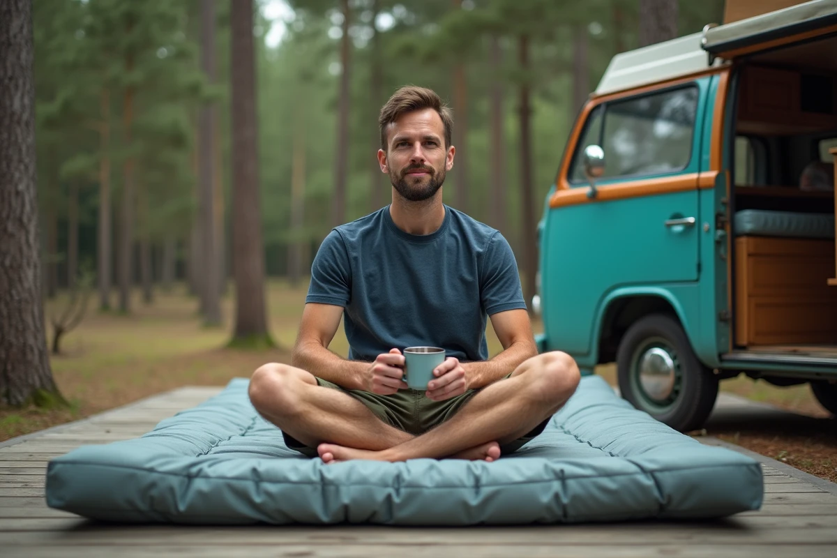 Homme assis sur un futon matelas pliable déplié sur une terrasse en bois devant un van de camping en forêt