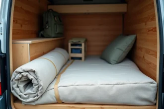 Futon matelas pliable roulé et rangé dans le coffre d'un van aménagé pour le camping