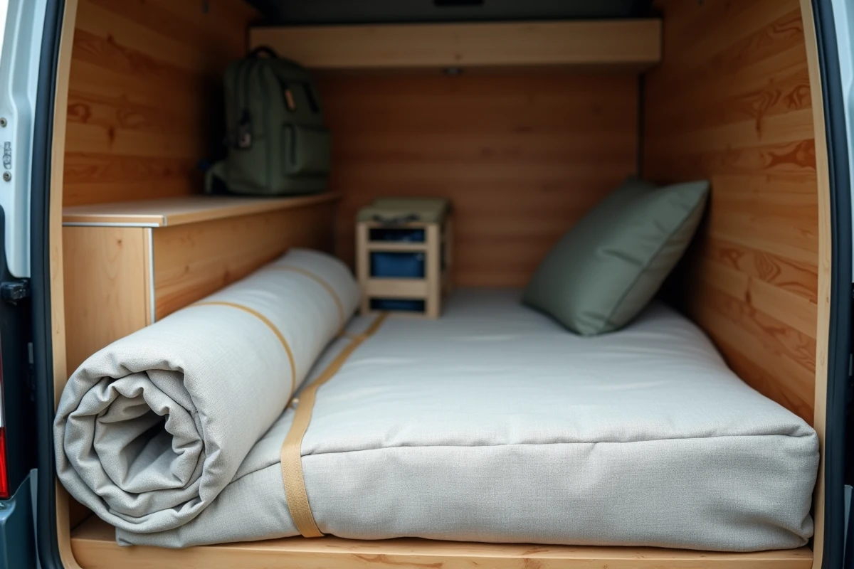 Futon matelas pliable roulé et rangé dans le coffre d'un van aménagé pour le camping