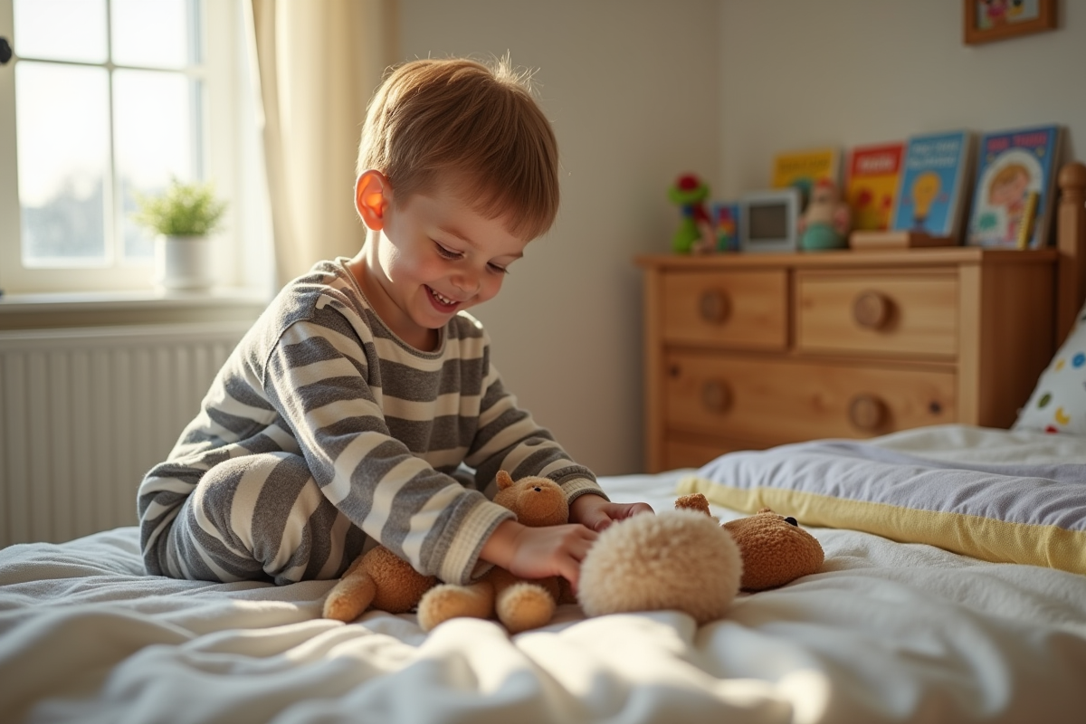 Garçon de 9 ans place des peluches sur le lit