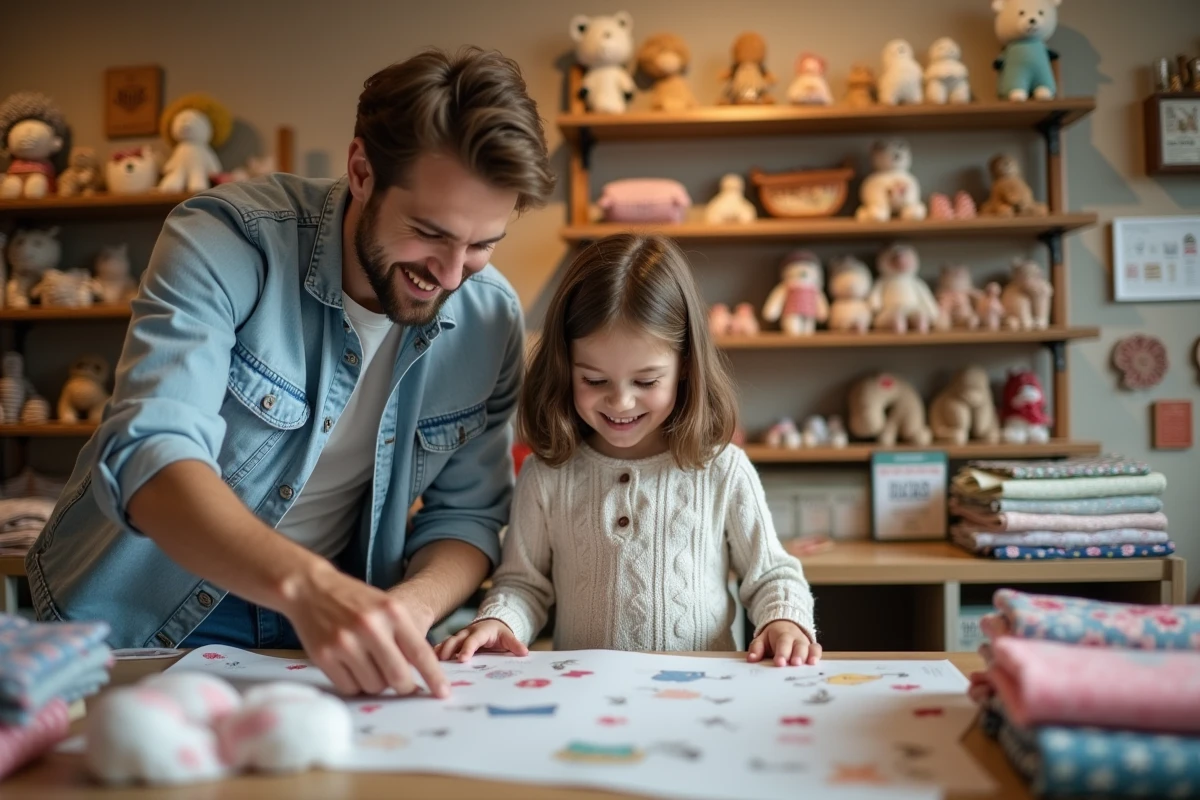 Jeune garçon aidant une petite fille à choisir des tissus dans une boutique