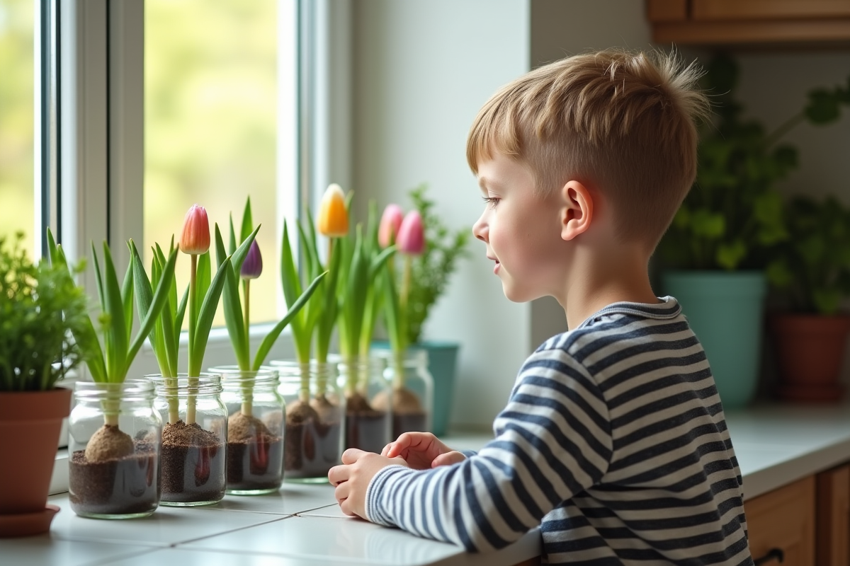 Garçon regardant attentivement des tulipes en sprout dans la cuisine
