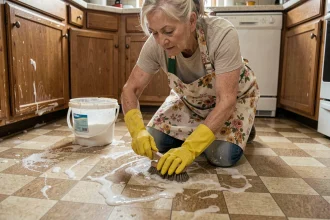 Grand-mère en tablier floral qui frotte un lino très encrassé à genoux avec une brosse et du bicarbonate de soude dans une cuisine ancienne