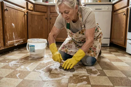 Grand-mère en tablier floral qui frotte un lino très encrassé à genoux avec une brosse et du bicarbonate de soude dans une cuisine ancienne