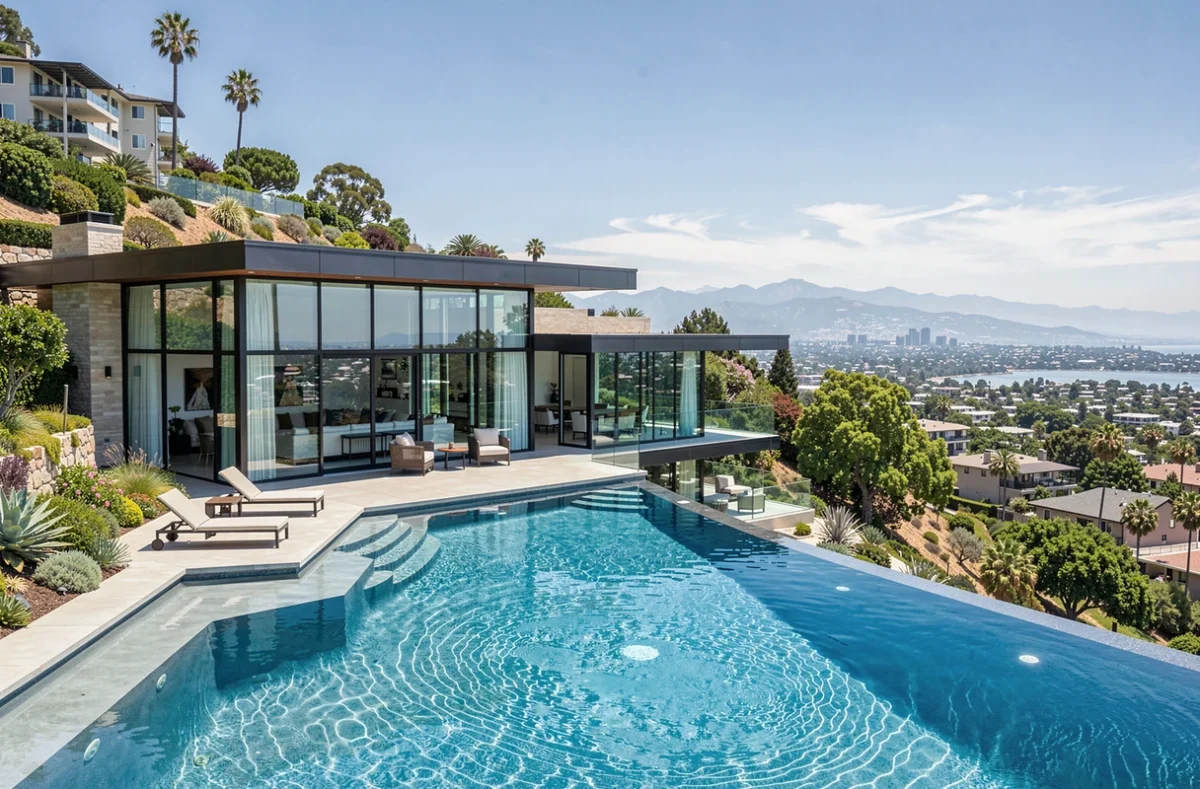 Grande villa moderne avec piscine surplombant une ville