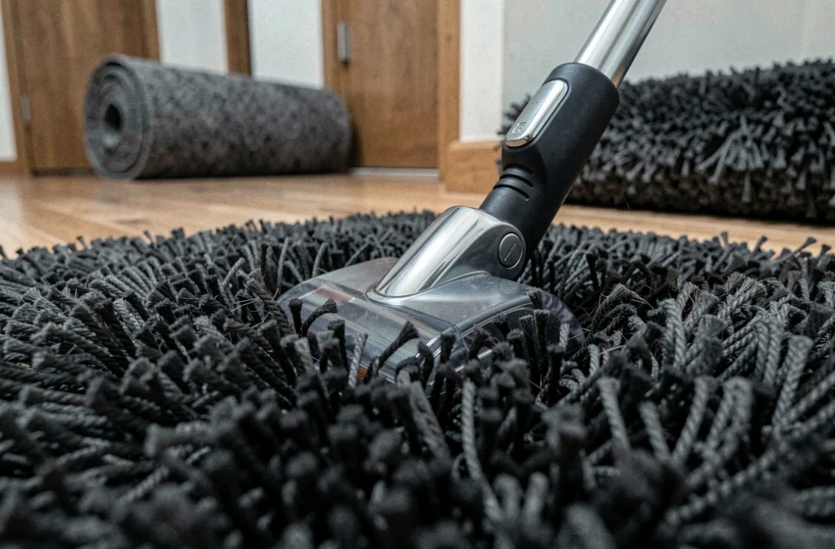Gros plan sur la brosse d'un aspirateur haute puissance enfoncée dans un tapis épais à poils longs gris anthracite