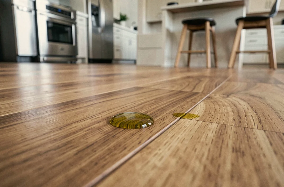 Gros plan sur une goutte d'eau et une trace d'huile sur un parquet en noyer verni mat dans une cuisine contemporaine