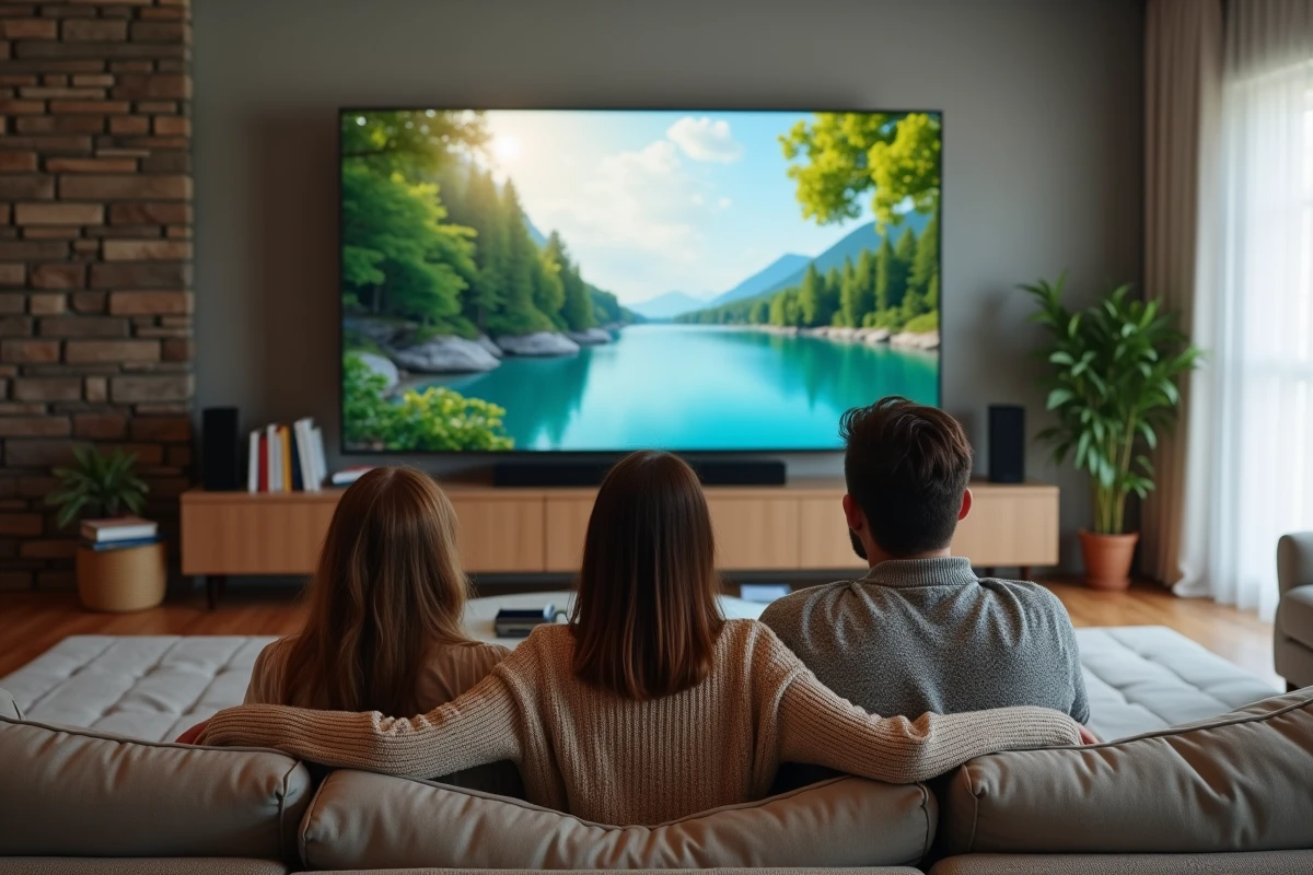 Groupe de trois adultes regardant une télévision dans un salon spacieux