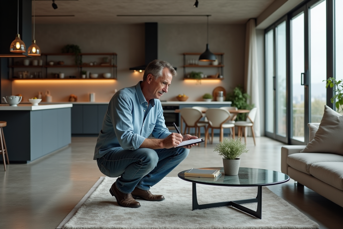 Homme dessinant le plan d’un meuble dans un appartement