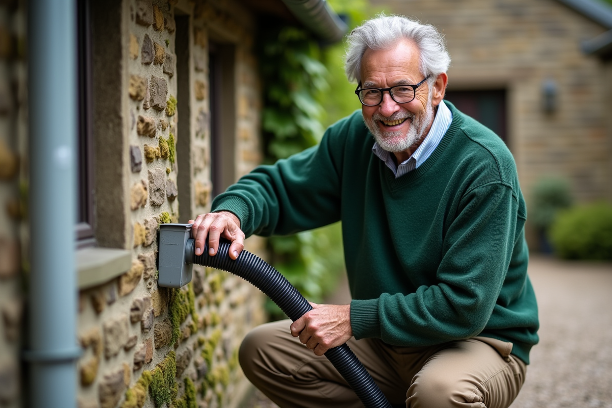 Homme âgé fixant un tuyau de récupération d