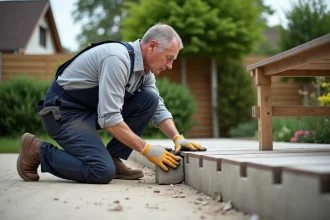 Homme en overalls posant une pierre de support pour terrasse