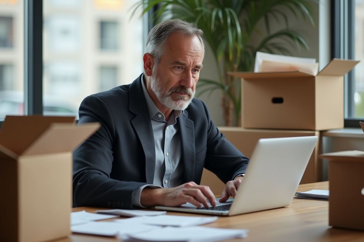 Homme travaillant sur un ordinateur dans un bureau encombré