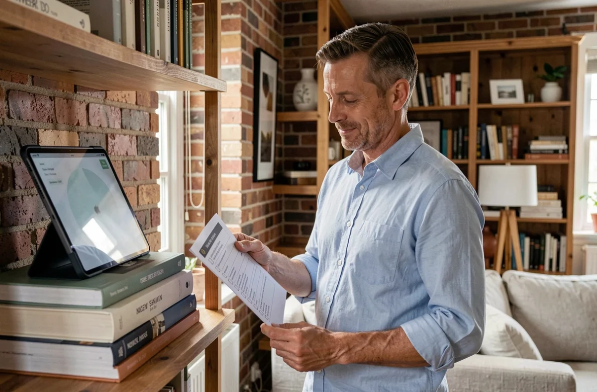 Homme consultant un guide de décoration sur tablette dans un salon aux matériaux naturels et authentiques