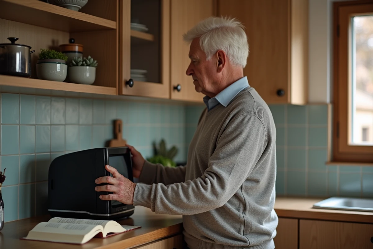 Homme âgé installe une TV dans une cuisine chaleureuse