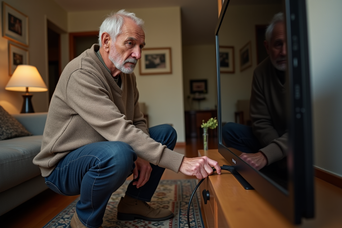 Homme âgé débranchant la télévision dans un intérieur chaleureux