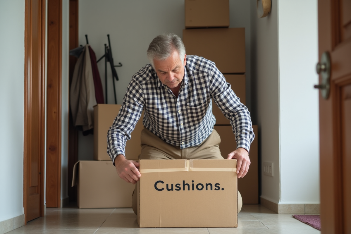 Homme scellant une boîte de déménagement dans l