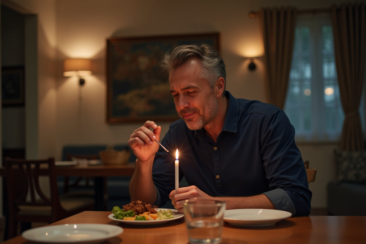 Homme soufflant une bougie après un repas en soirée