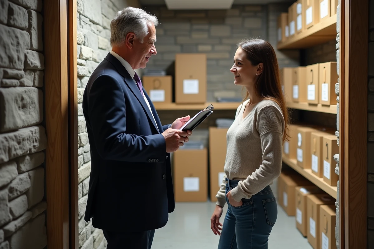 Homme d'affaires et jeune femme dans espace de stockage
