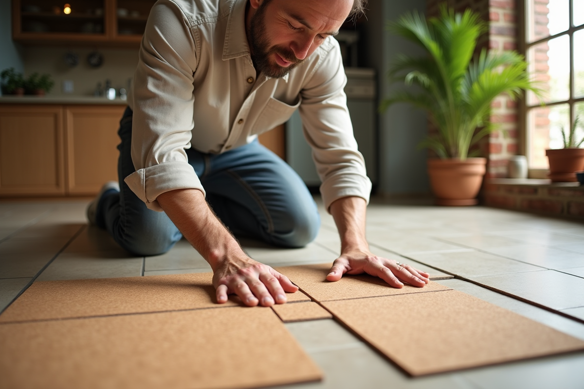 Homme posant des tuiles en liège recyclé dans une cuisine écologique