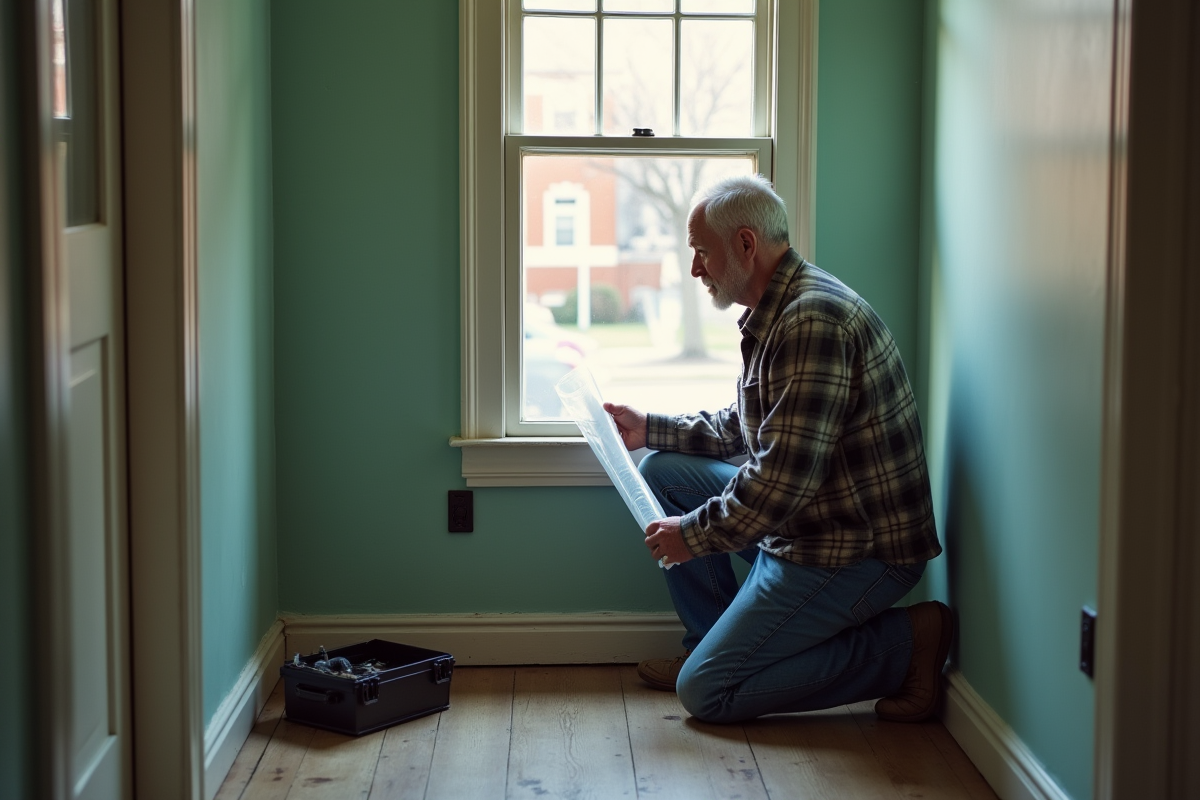 Homme âgé vérifiant une fenêtre ancienne avec film isolant