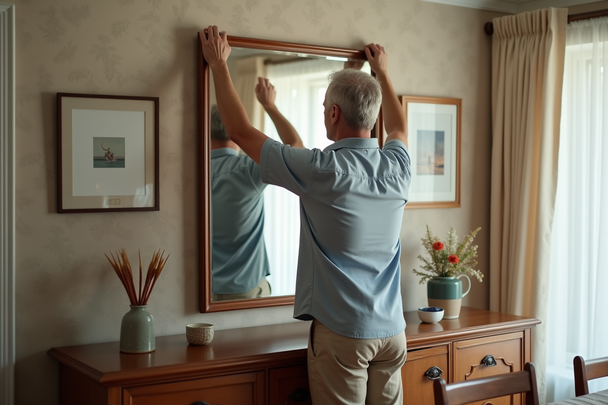 Homme arrangeant un miroir dans une salle à manger lumineuse