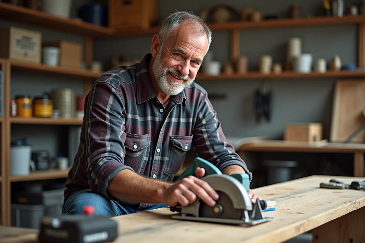 Homme d'âge moyen nettoyant une roue de scie avec soin