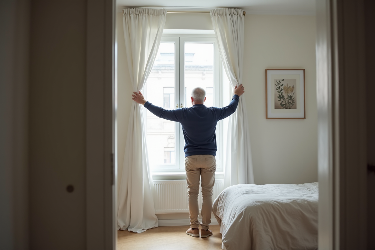 Homme ouvrant des rideaux dans une chambre lumineuse