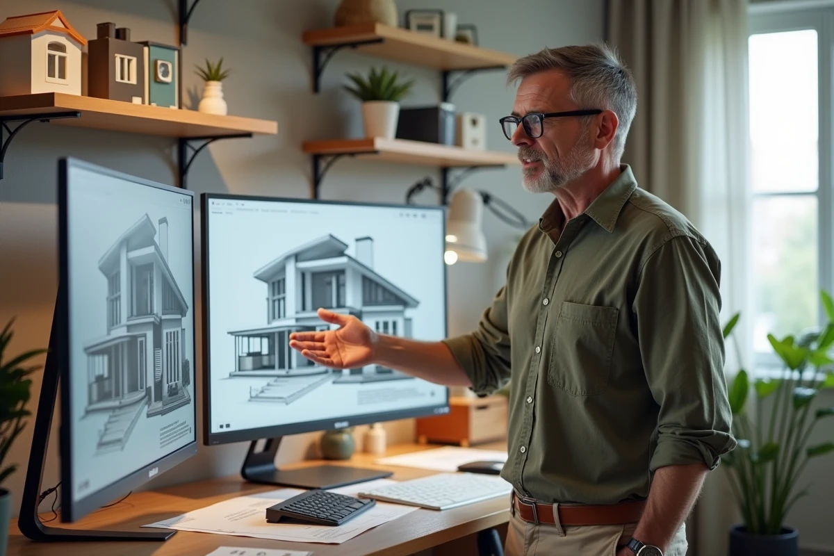 Homme expliquant un plan 3D Kozikaza sur moniteur