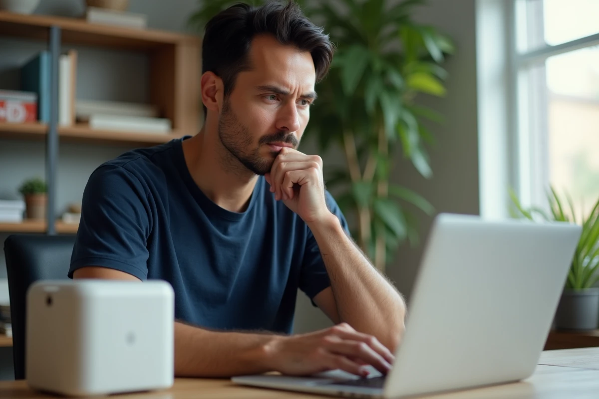 Homme lisant des avis en ligne sur un électroménager Elsay déballé posé sur son bureau à domicile