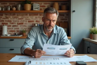 Homme d'âge moyen examine des devis de rénovation dans une cuisine moderne