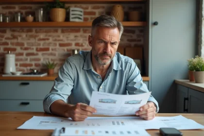 Homme d'&acirc;ge moyen examine des devis de r&eacute;novation dans une cuisine moderne