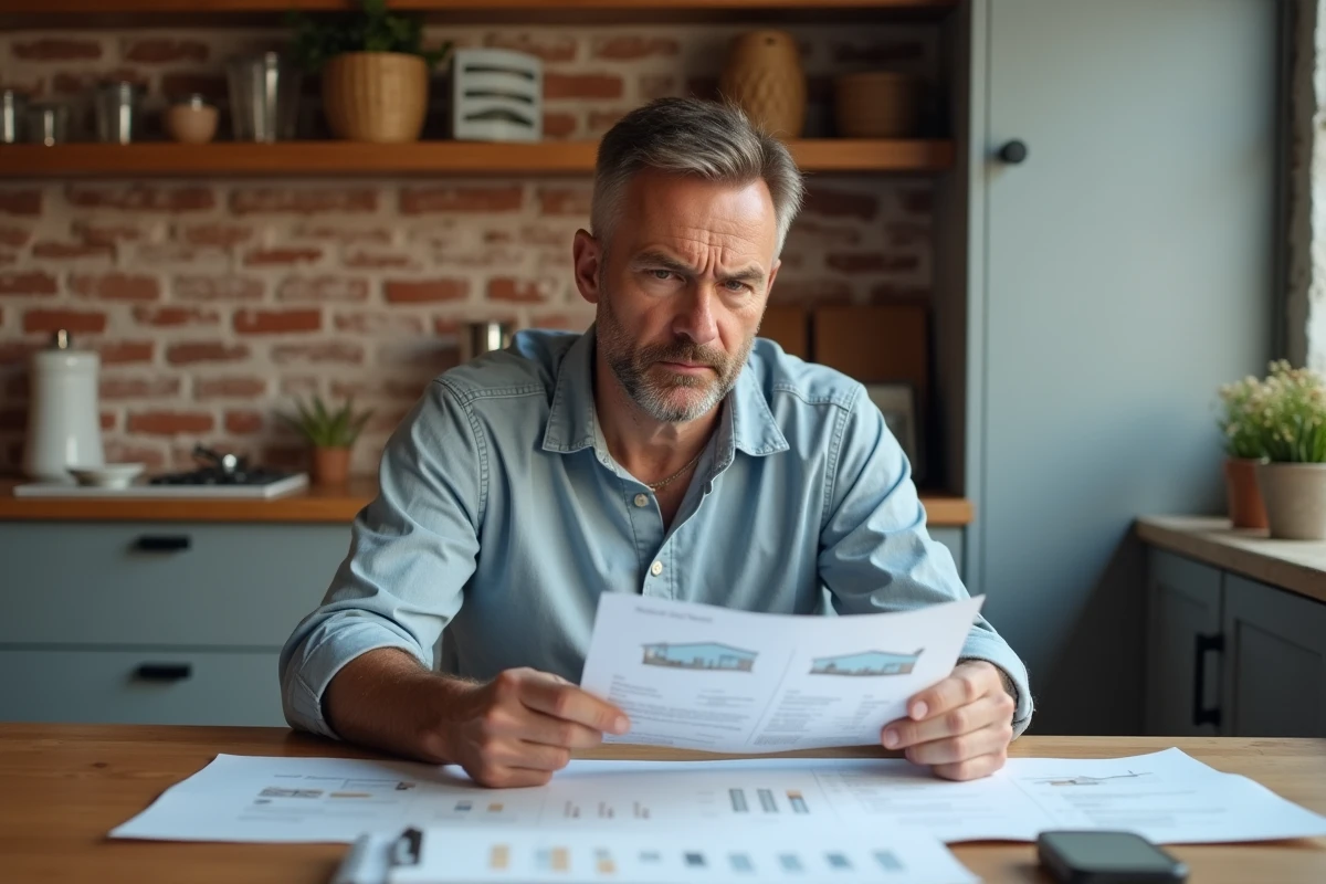 Homme d'âge moyen examine des devis de rénovation dans une cuisine moderne