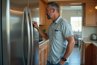 Homme d'âge moyen touchant un réfrigérateur moderne dans une cuisine lumineuse