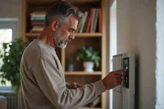 Homme d'âge moyen réglant un thermostat de chauffage électrique