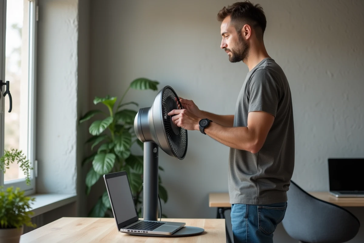 Homme ajustant un ventilateur sans pales dans un bureau moderne