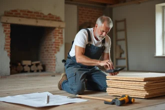 Homme en overalls travaillant avec isolant en fibre de bois