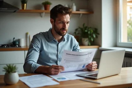 Homme en milieu de trentaine examine des devis de r&eacute;novation