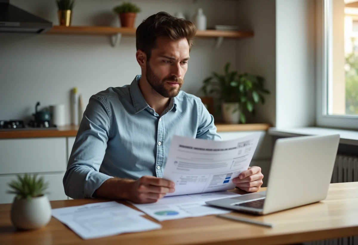 Homme en milieu de trentaine examine des devis de rénovation