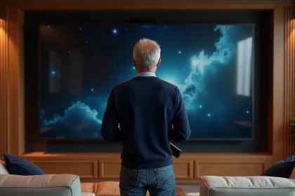 Homme d'&acirc;ge moyen devant un grand &eacute;cran de 292 pouces dans un salon moderne