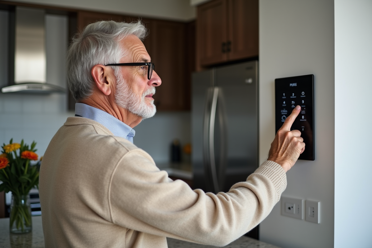 Homme âgé utilisant un panneau de contrôle intelligent dans la cuisine