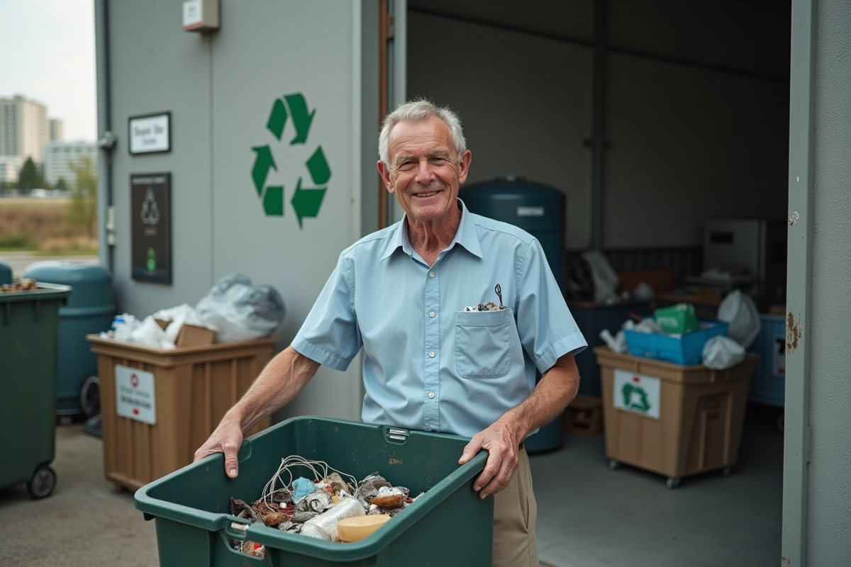 Homme âgé devant une installation de recyclage avec des déchets triés