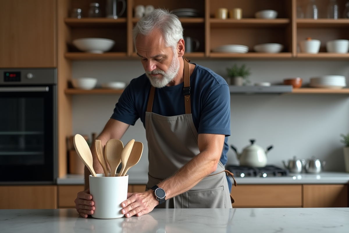 Homme arrangeant ustensiles dans la cuisine