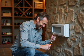 Homme inspectant un système de ventilation dans un cellier à vin