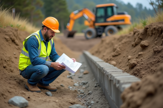 Ingénieur en veston haute-vis et casque sur chantier en pente