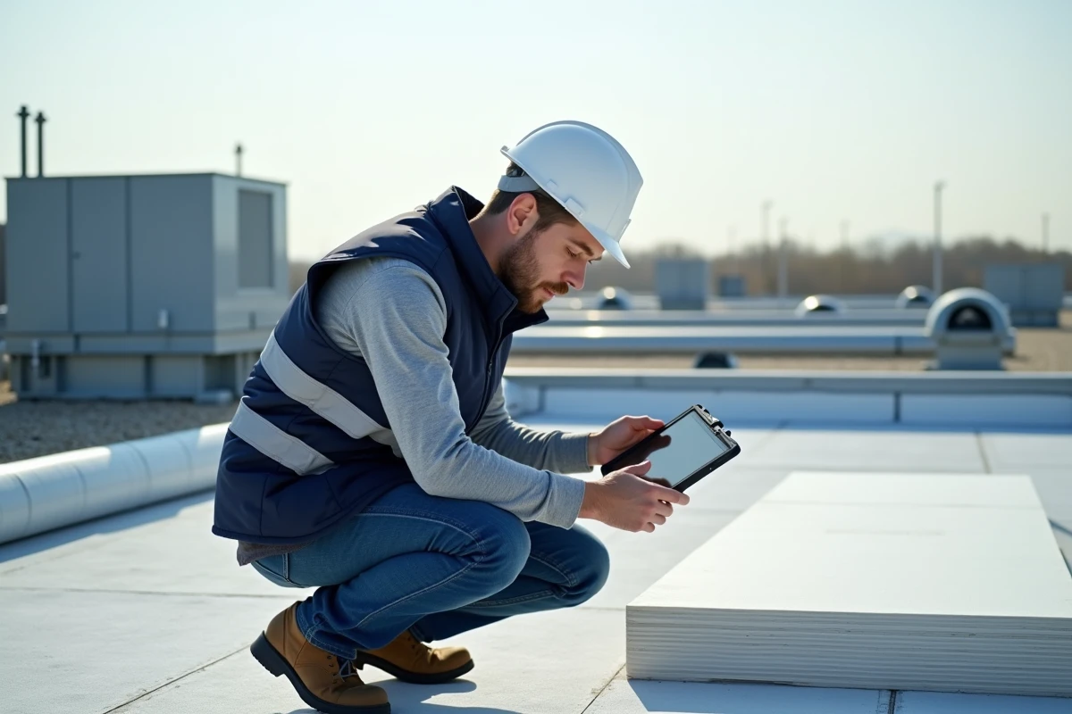 Ingénieur en performance énergétique analysant l'isolation thermique d'une toiture plate commerciale avec une tablette