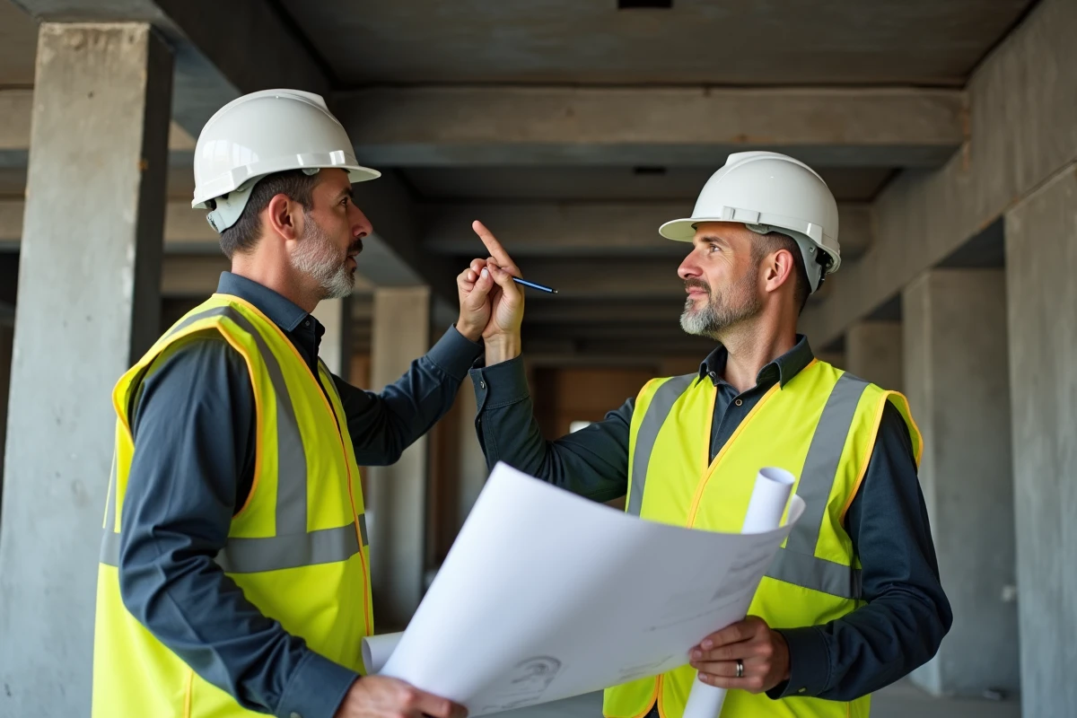 Deux ingénieurs en bâtiment examinant un IPN posé sur un mur ouvert lors de travaux de rénovation
