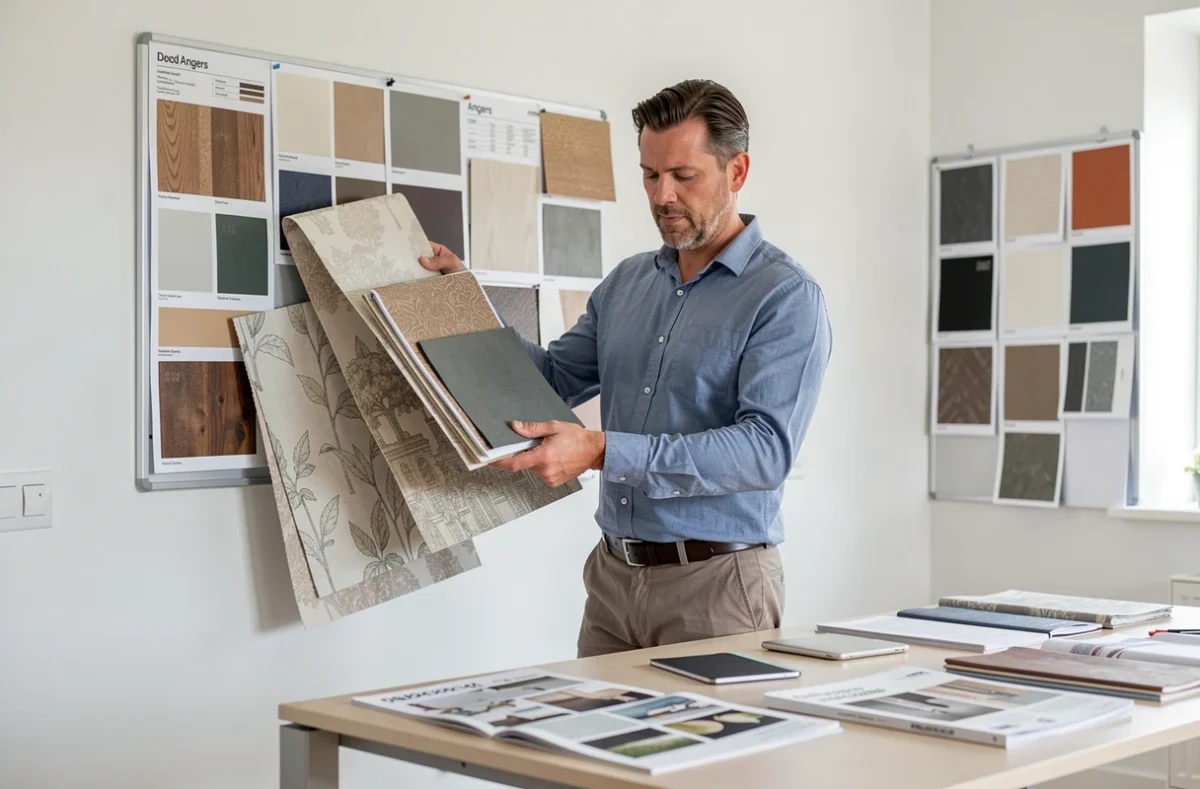 Décorateur d'Inov Decor Id présentant des échantillons de matériaux dans un appartement rénové d'Angers