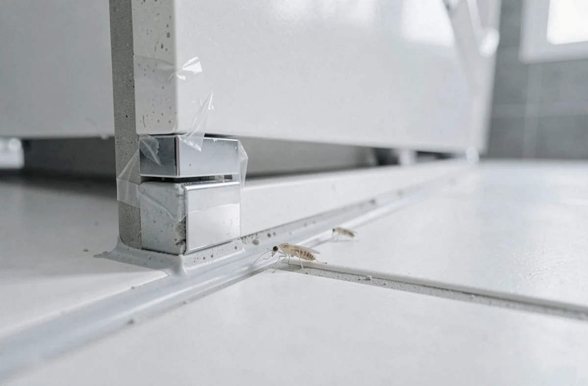Petits insectes transparents visibles sur le joint de salle de bain dans un appartement neuf